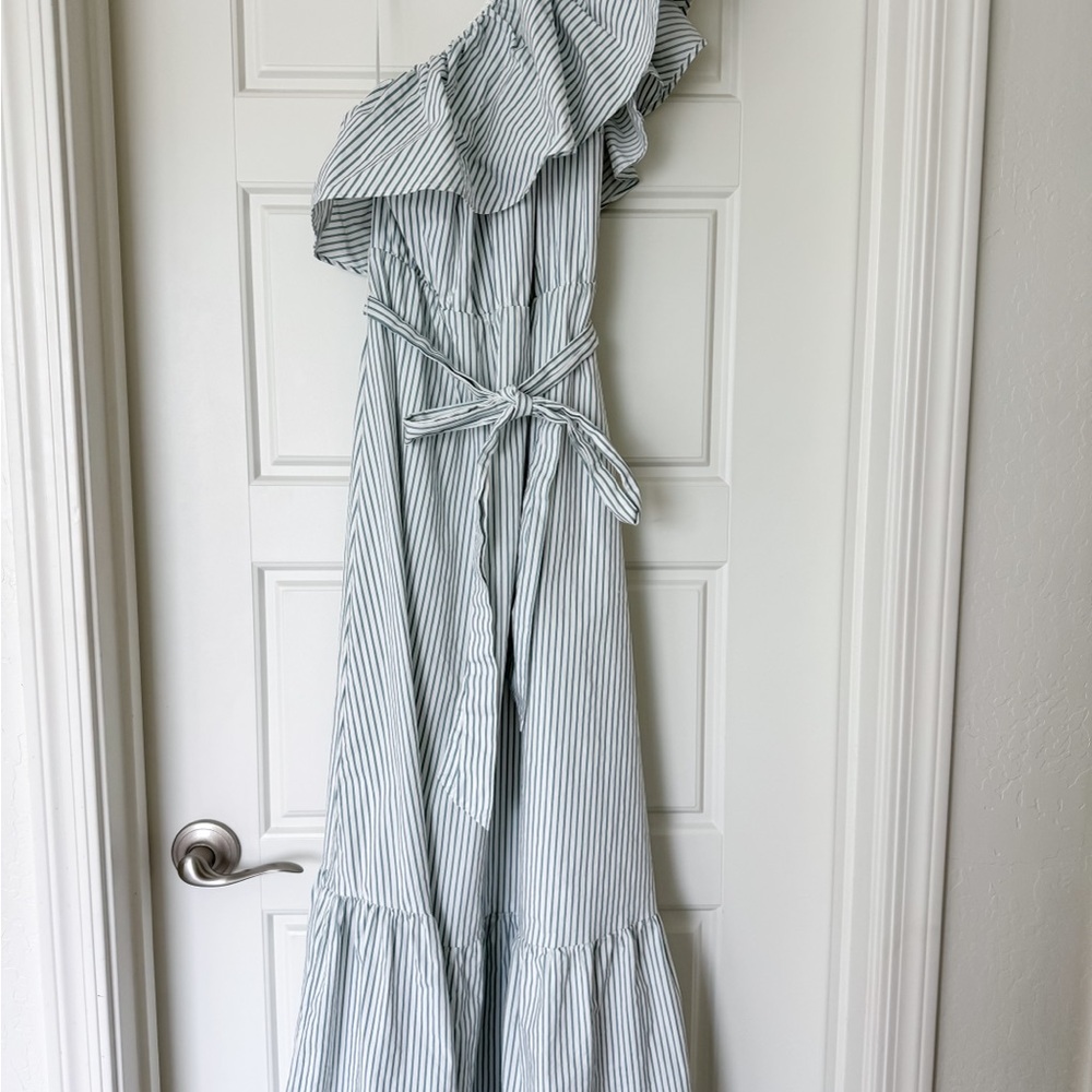 Striped Ruffle One-Shoulder Poplin Maxi Dress